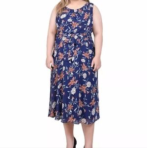 NY Collection Orange and Blue Floral A-Line Midi Dress